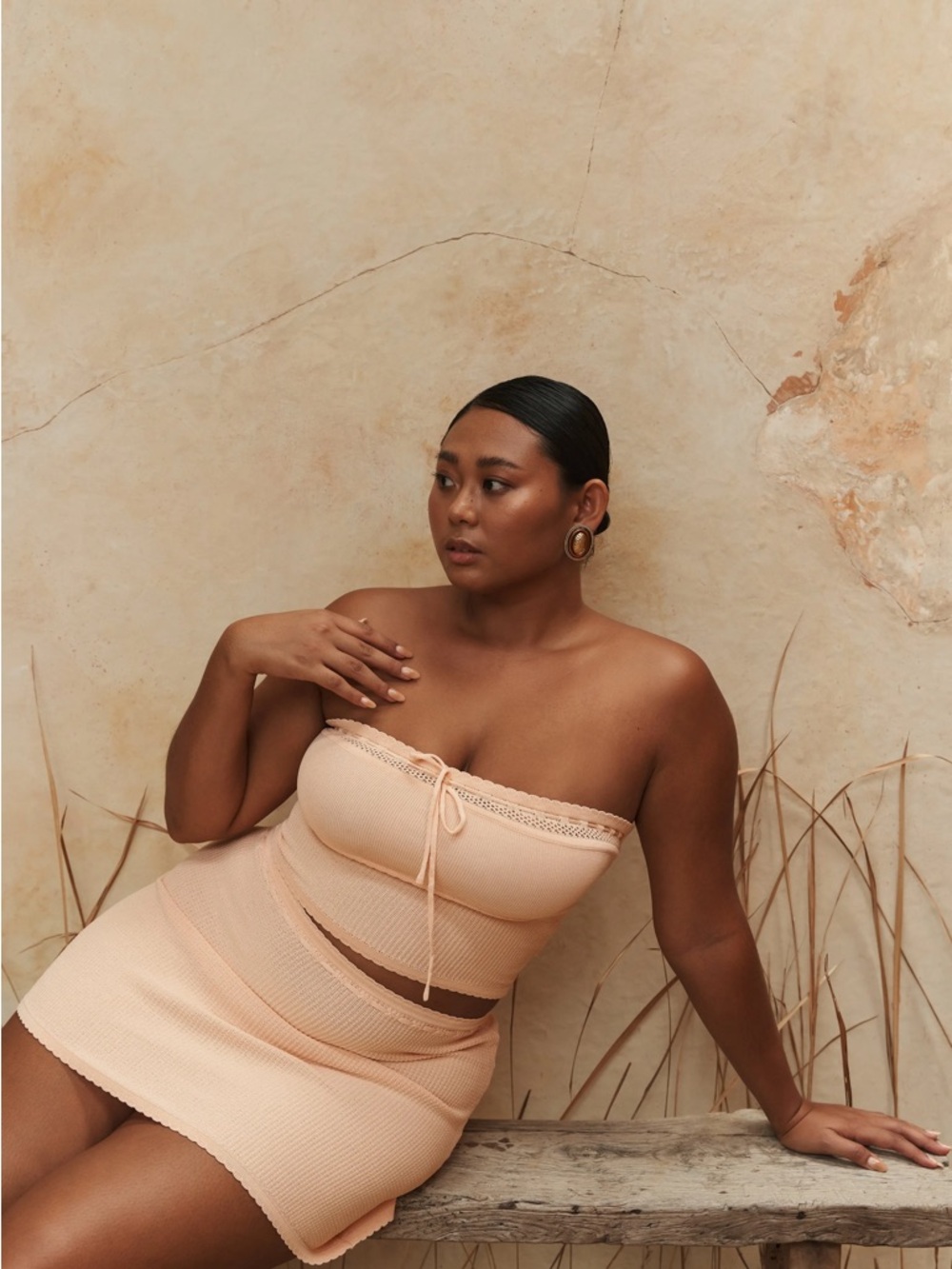 MESHKI Strapless Apricot Knit Two-Piece Set (M)
